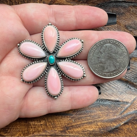 Queen Conch & Kingman Turquoise Flower Statement Ring 925 Sterling Silver | 8.5 - Picture 11 of 15